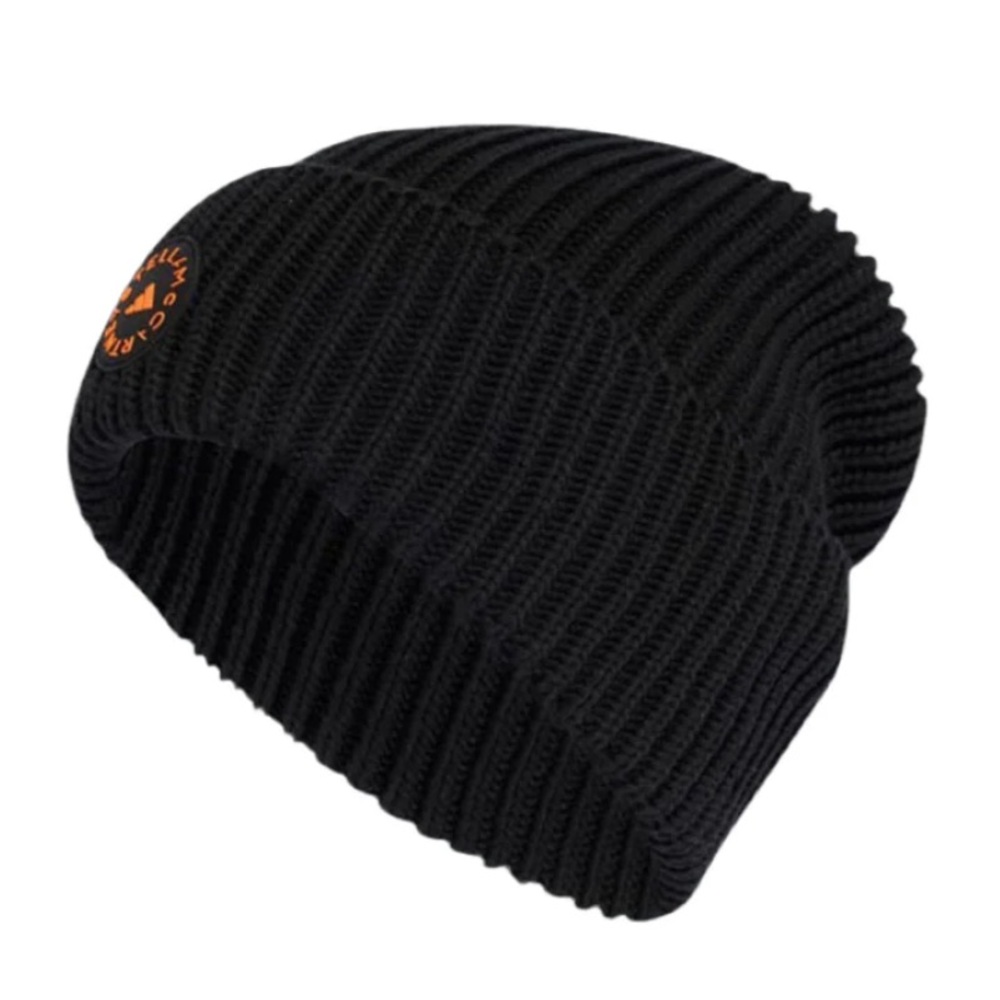 NWT Adidas By Stella McCartney Black Ribbed Knit Beanie with Orange Logo - Picture 5 of 13